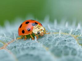 a lady bug crawling on some small green leaf, photo