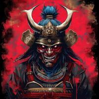 an antique style samurai with blue hair holding up his helmet and helmet while standing against a red backdrop, photo