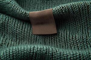 the label is laying on a knit sweater, photo