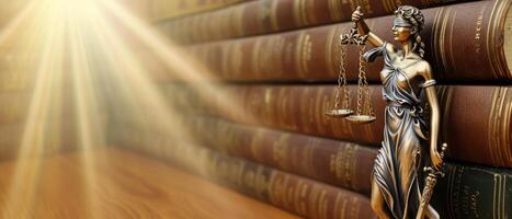 dama justicia escala, sentado en muy antiguo jueces libros, foto