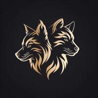 two foxes in golden colors on black background, photo