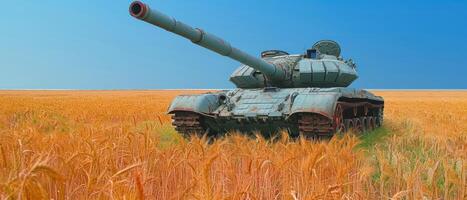 an old tank sits side by side with wheat on the plains, photo