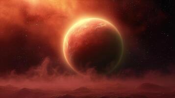 the bright light is in front of an orange planet, photo