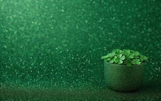 four leaf shamrock plant in green pot with light from behind, photo