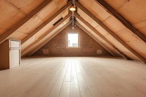 an empty room with wood floor trusss, photo