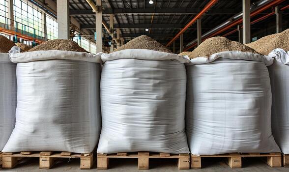 some sacks are lined up together beside pallets, photo