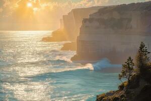 an ocean cliff with a rocky shore just above the ocean, photo