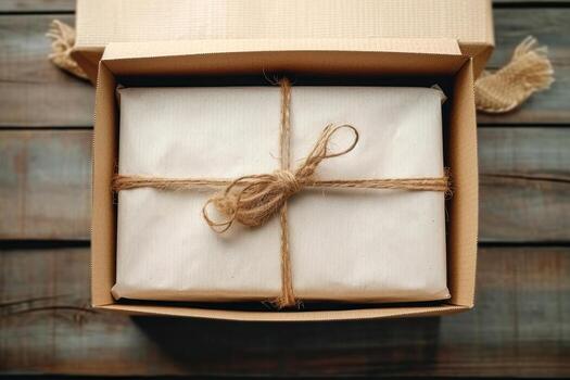 packages tied up inside a box and unpacked neatly, photo
