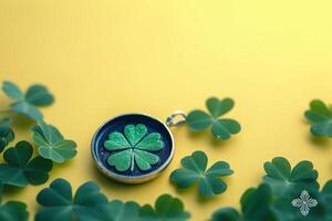 shamrock leaves in a jar filled with water on top of a table, photo