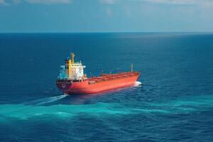 a large red boat is moving through the open ocean, photo