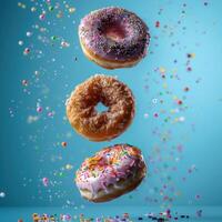 a bunch sprinkles and some donuts are flying, photo