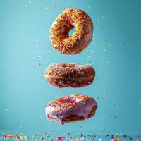 a donut jumps over other doughnuts covered in cake, photo