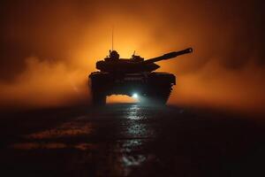 a large tank moving down an empty road, photo