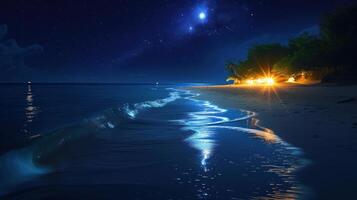 the ocean waves roll onto a beach, shining at moonlight, photo