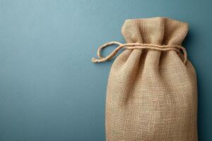 an empty pouch containing twine and string, with a blue wall in the background, photo