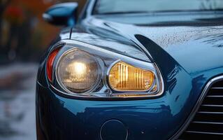 close up view of blue car's exterior in the rain, photo