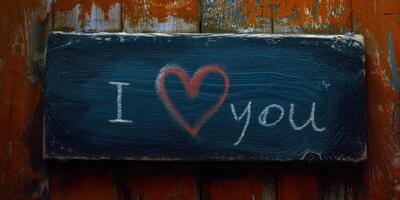 i love you hand painted on a blue sign next to a brown fence, photo