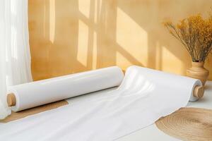 an empty white table with some flowers and a roll of paper, photo