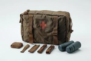 an all war brown survival kit and tools from the american red cross, photo