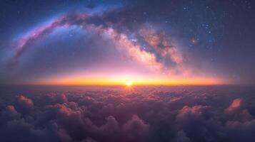 the sun rising on the horizon with galaxy in the background, photo