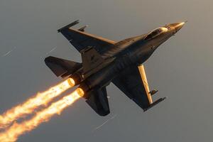 a jet flying through the air with blazing smoke coming out the back, photo