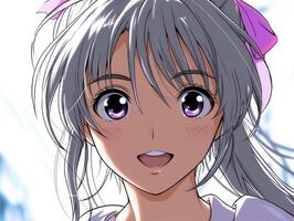 an anime illustration with the eyes and head turned slightly and purple, but only one half a face with black, photo