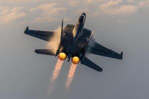 an airplane taking off with smoke escaping though it, photo