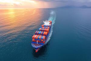 container ship heading through open blue ocean in yellow sunset, photo