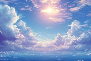the sun shines brightly over bright clouds and calm blue water, photo