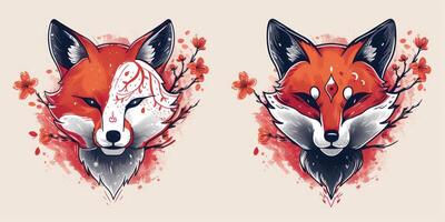 two foxes with ornamental faces next to a branch, photo
