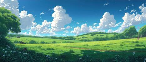green hills with grass and flowers are beside trees, photo
