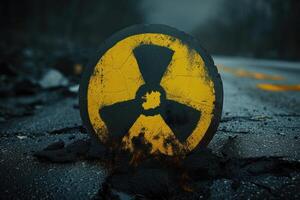 the sign that says radioactive lying in the road, photo