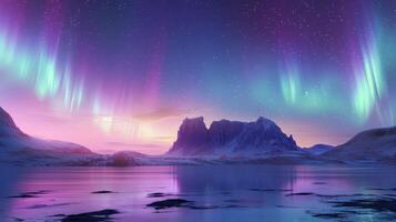 the sky is covered in the colors of aurora lights, photo