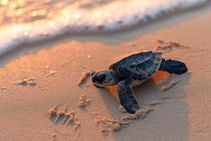 a turtle crawling along the sand as it comes to its nest, photo