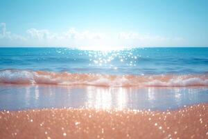 waves splash around the beach on a bright, sunny day, photo