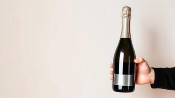 someone holding up a bottle of sparkling wine in their hand, photo