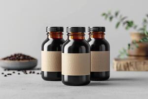 three different liquid bottles sitting in a row on a table, photo
