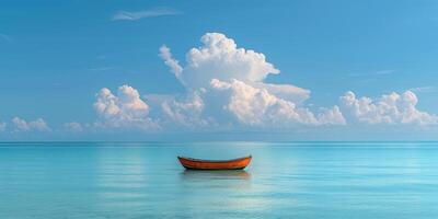 an orange boat floats through the calm sea over water, photo