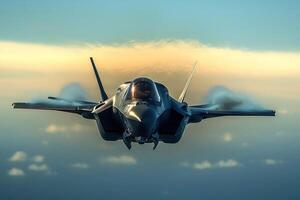 jet fighter taking off in the sky with clouds, photo