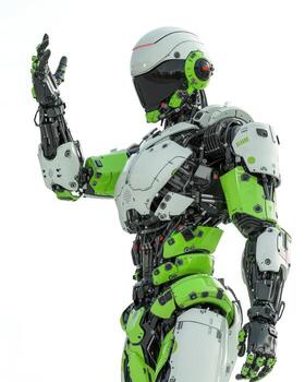 a toy robot that has an arm holding something and waving, photo