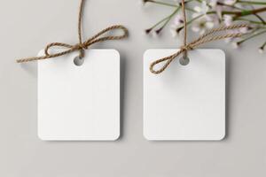 two pieces of white paper tied up with twine, photo