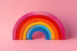 the rainbow figurine shown off to a side against a pink background, photo