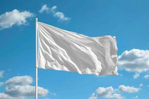 white flag flying high on sky with clouds, photo