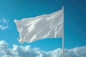 white flag waving in the wind with clouds and blue sky behind it, photo