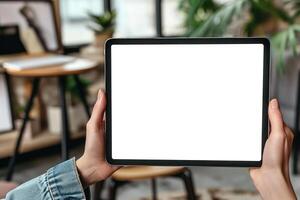 a person showing off their tablet computer with a blank screen, photo