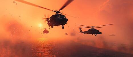 four helicopters fly over water during sunset as birds fly, photo