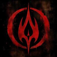 a red and black logo on some grungy paper, photo