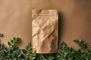 a brown paper bag that is sitting over some green plants, photo