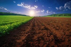 the sun is shining over a plowed field, photo