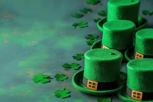 green top hats are lined up as if they were celebrating st patrick's day, photo